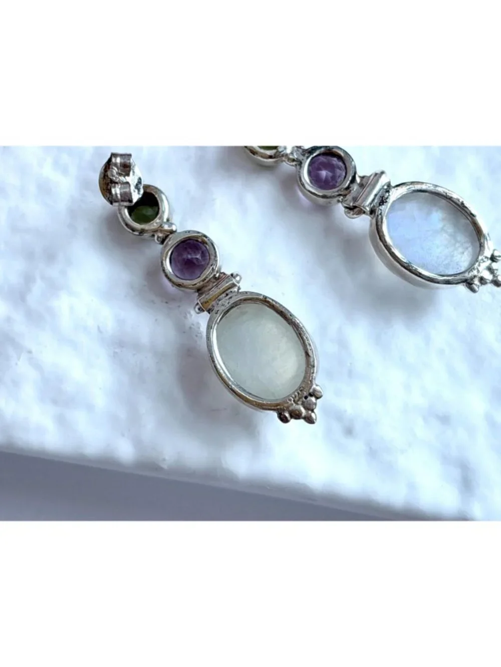 Moonstone, Amethyst & Peridot Vintage Sterling Silver 925 Dangle Drop Earrings
